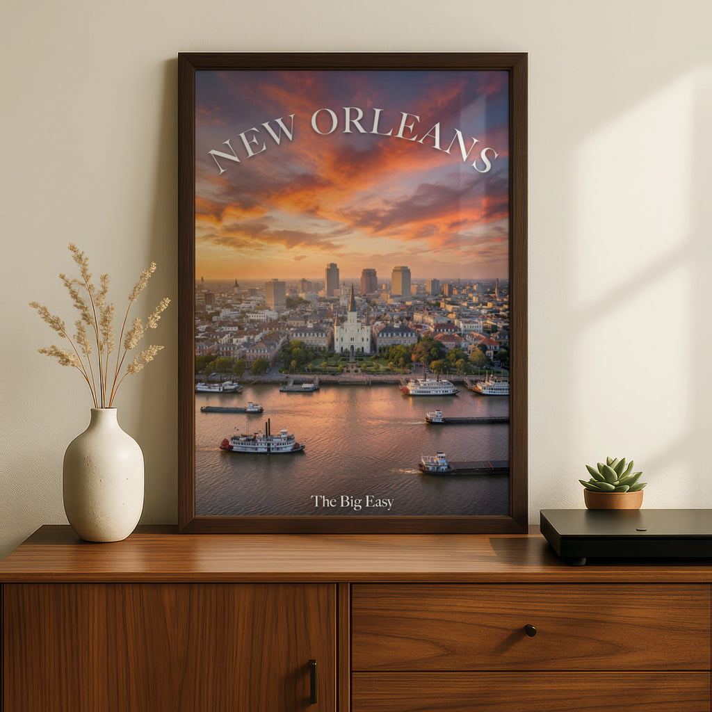 New Orleans Poster, The Big Easy Skyline Wall Art, Mississippi River Sunset Print
