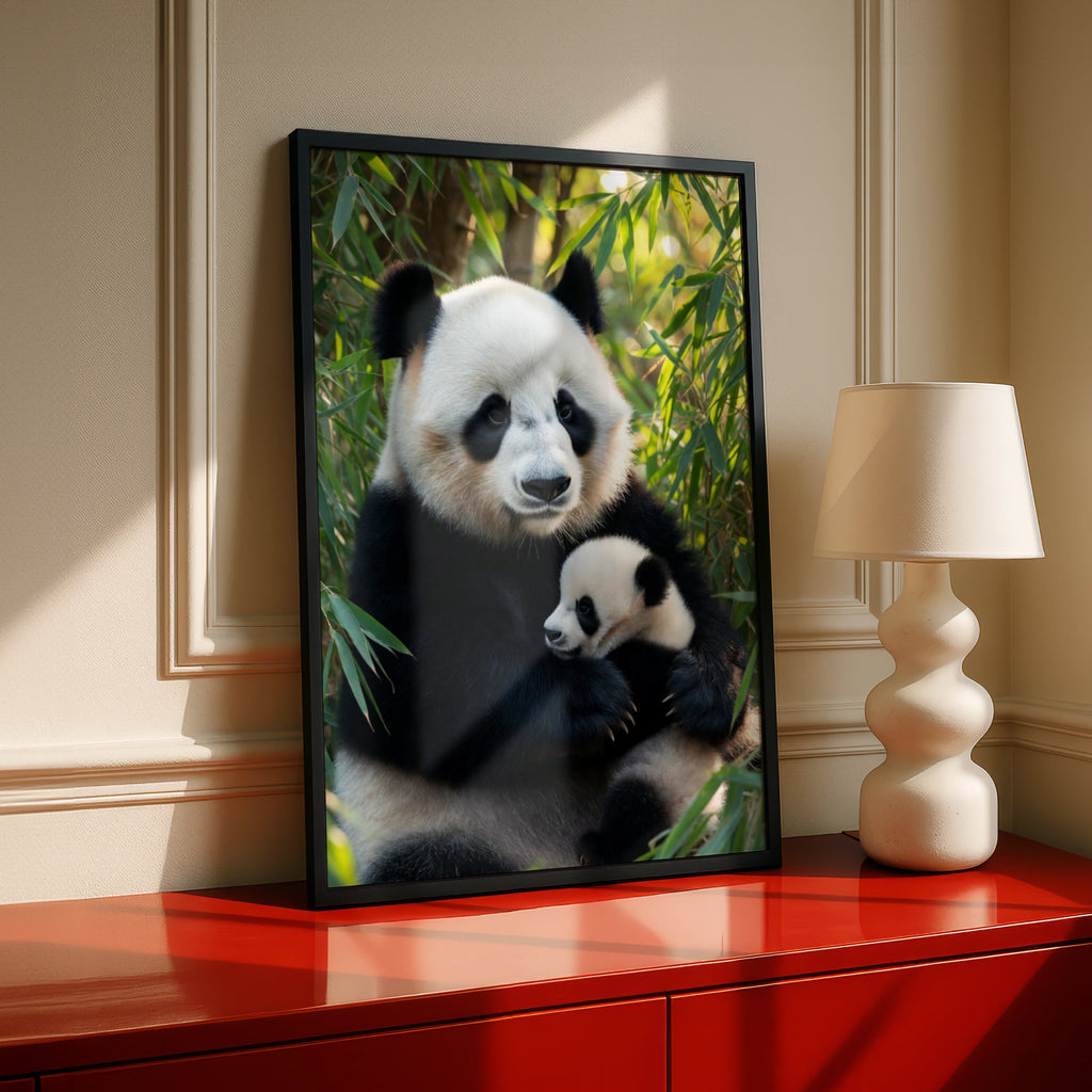 Giant Panda Mother and Baby Poster, Cute Panda Cub Wall Art, Bamboo Wildlife Print