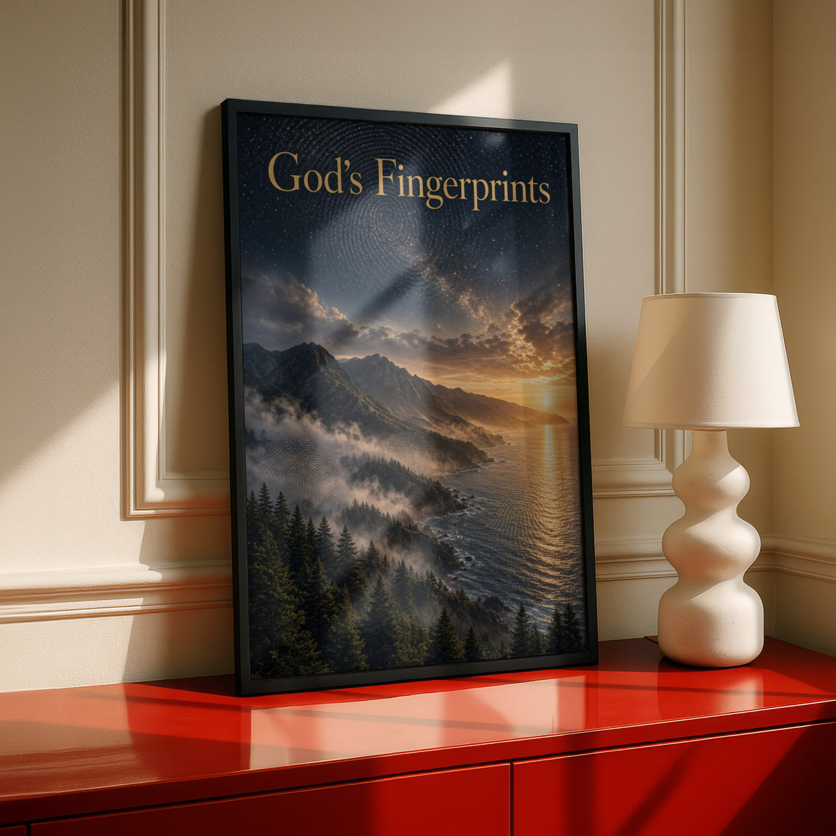 God's Fingerprints Spiritual Nature Poster, Coastal Mountain Sunset Wall Art, Christian Faith Print