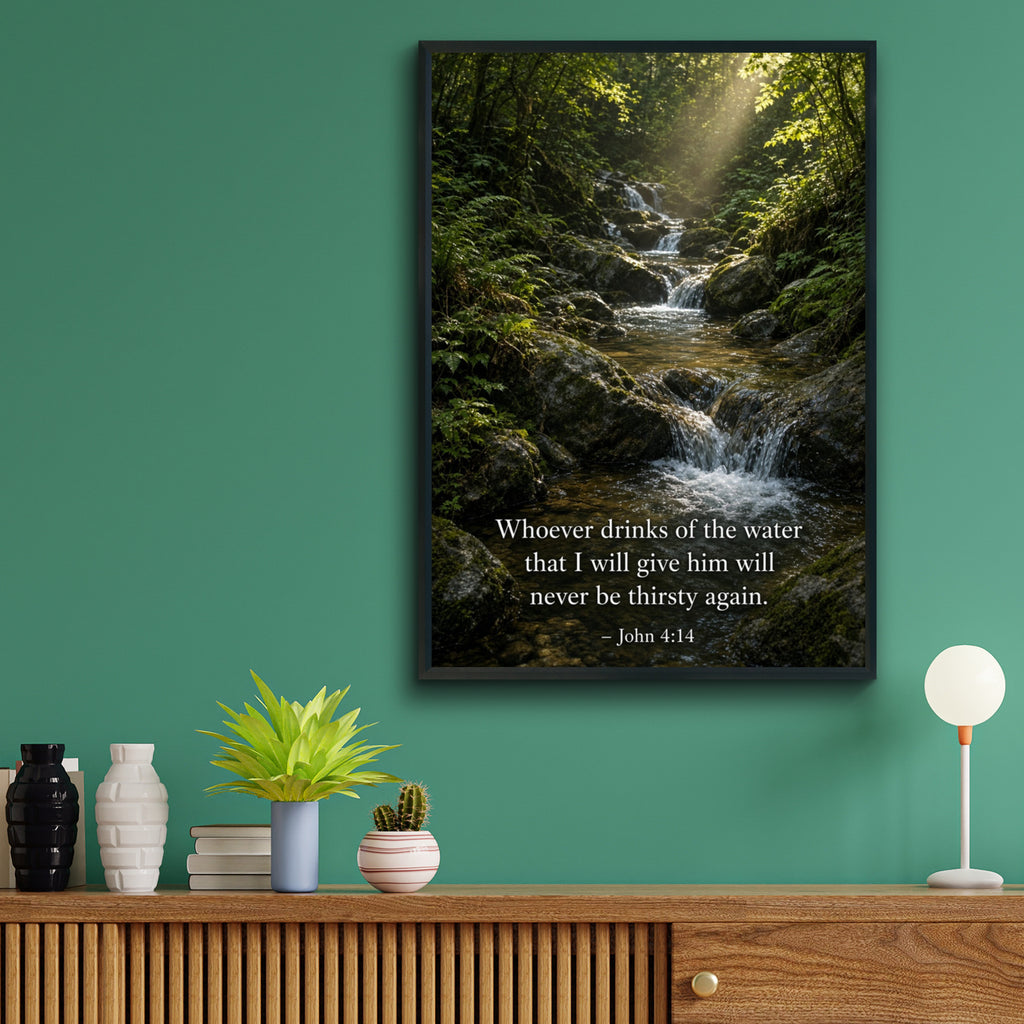 John 4:14 Bible Verse Poster, Scripture Wall Art, Christian Nature Print, Forest Waterfall