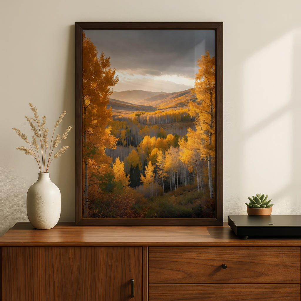 Fall Mountain Landscape Poster, Autumn Aspen Trees Wall Art, Golden Forest Print, Nature Decor