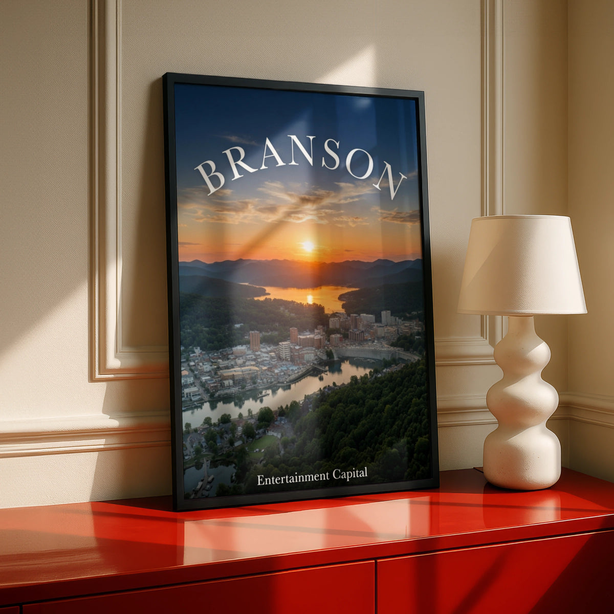 Branson Missouri Poster, Entertainment Capital Sunset Aerial View, Ozarks Wall Art Print