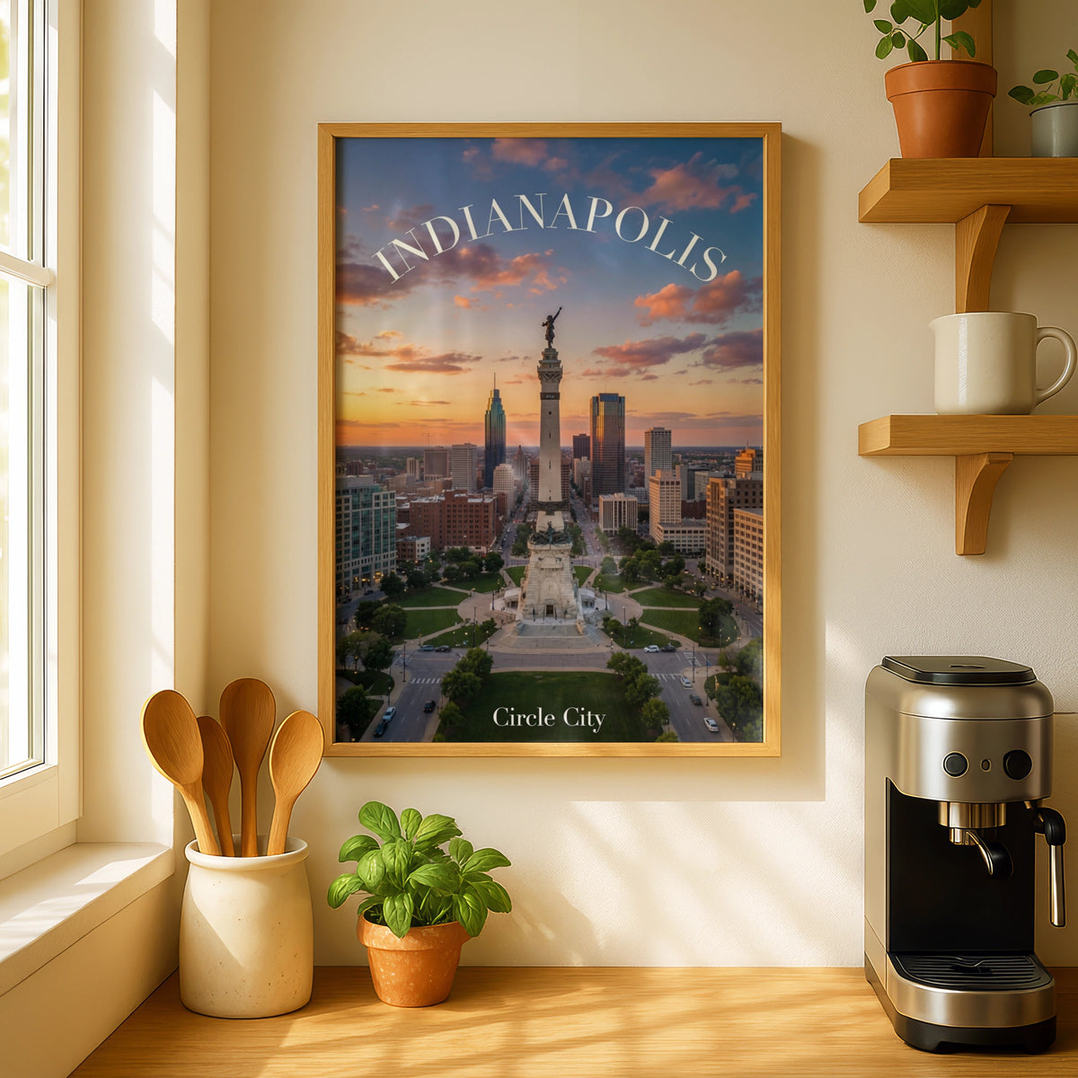 Indianapolis Poster, Circle City Skyline Wall Art, Indiana Monument Print, Sunset