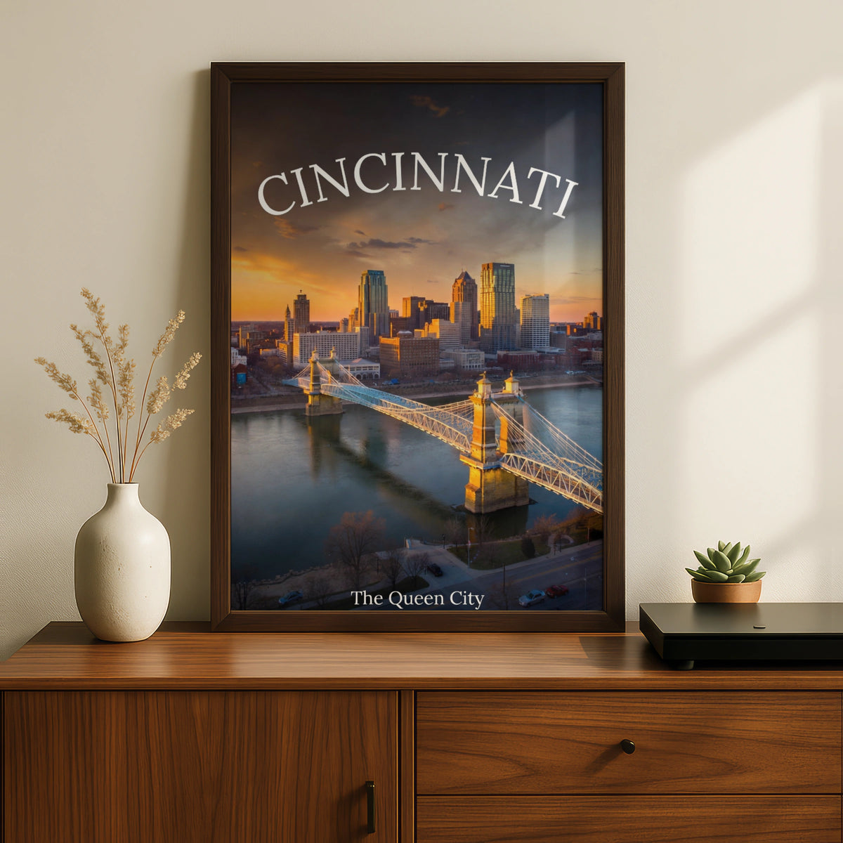 Cincinnati Skyline Poster, Queen City Ohio Wall Art, Roebling Bridge Sunset Print