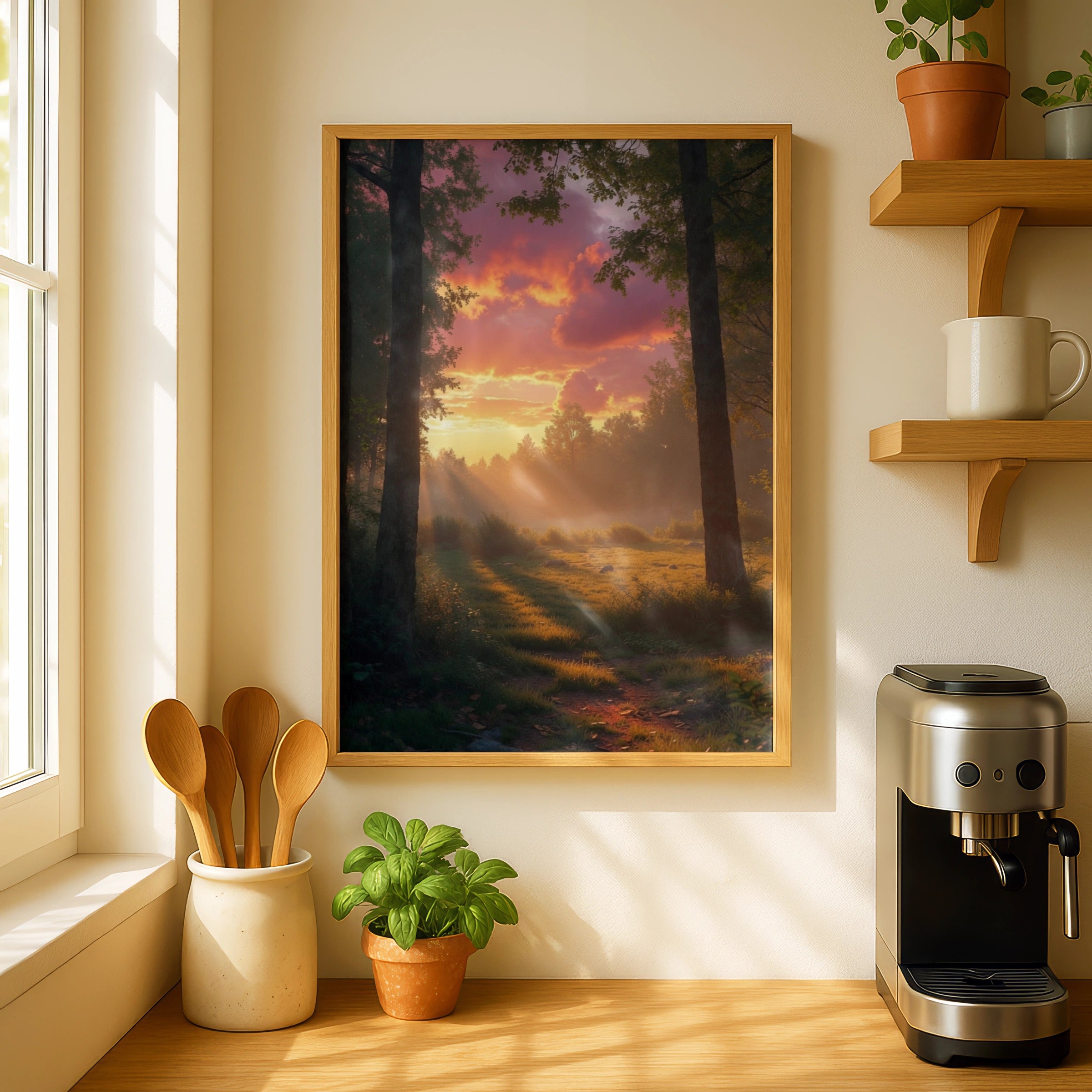 Sunset Forest Poster, Woodland Nature Wall Art, Misty Woods Print, Pink Sky Landscape