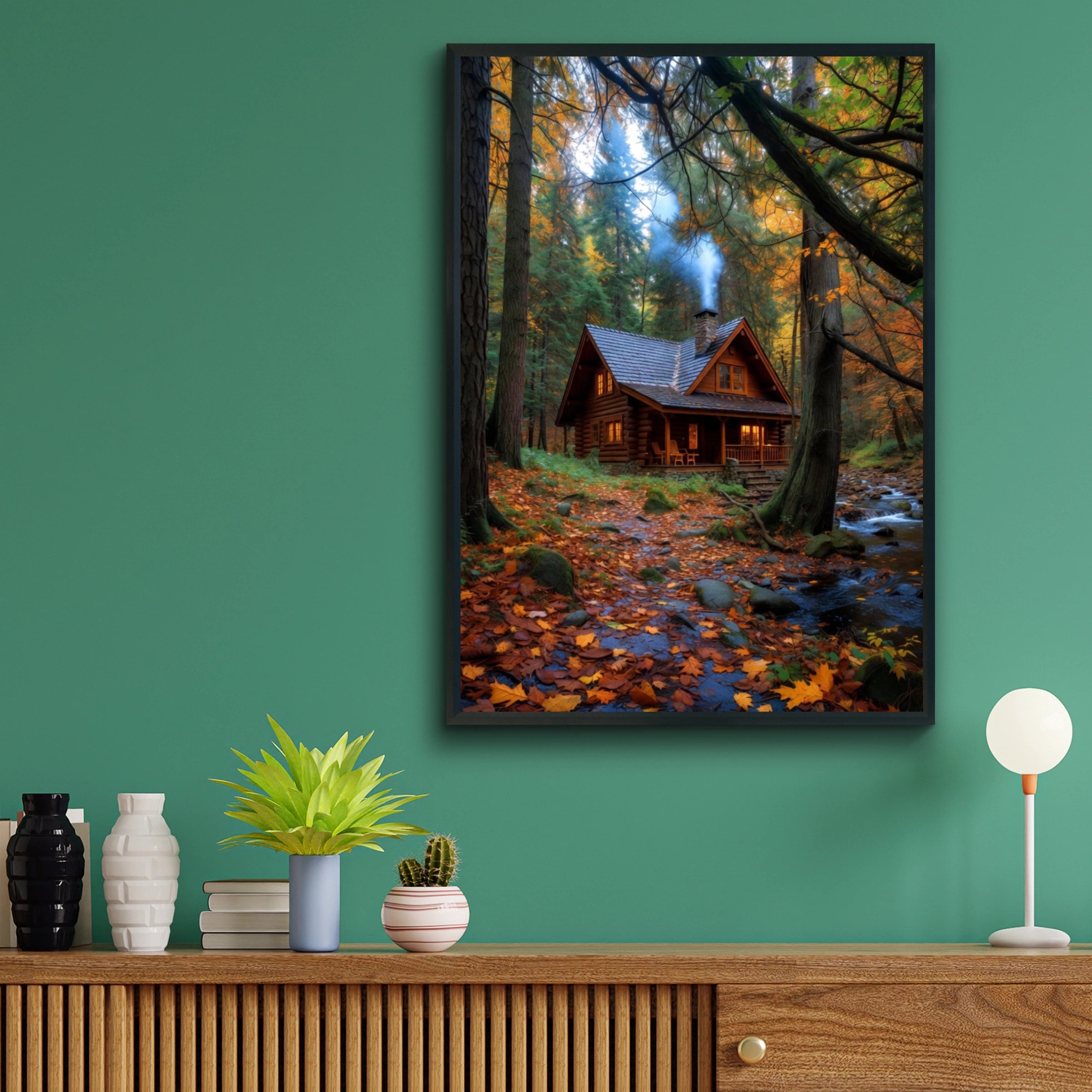 Cozy Log Cabin Autumn Forest Poster, Peaceful Woodland Retreat Wall Art Print