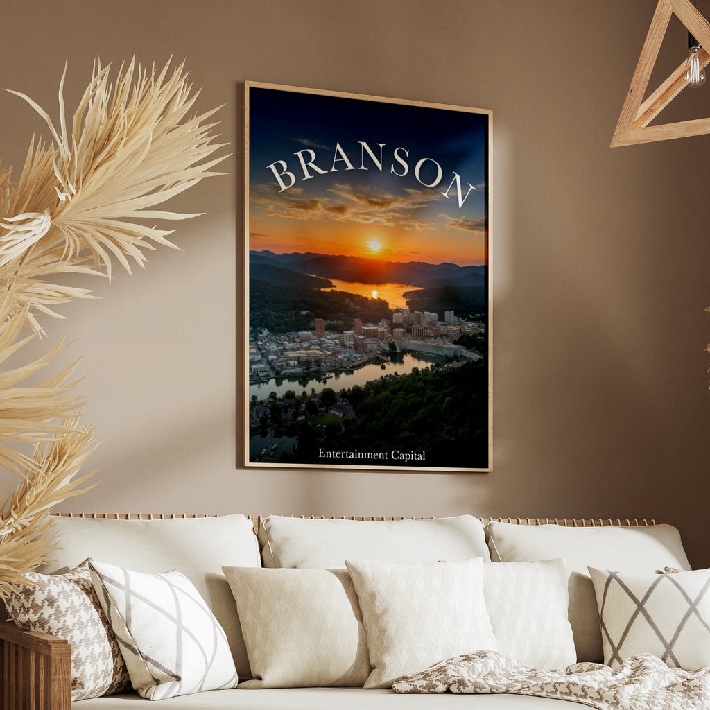 Branson Missouri Poster, Entertainment Capital Sunset Aerial View, Ozarks Wall Art Print