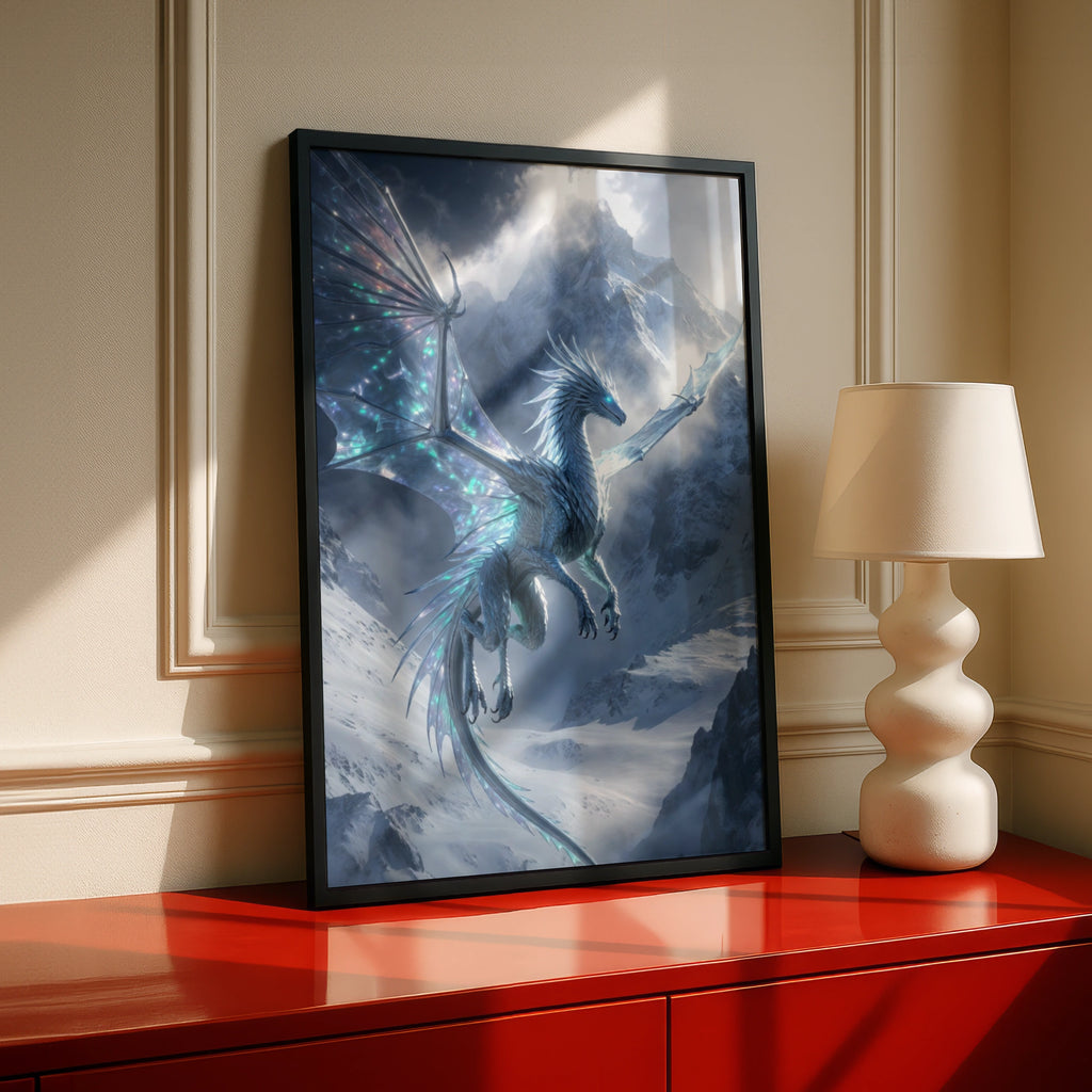 Ice Dragon Poster, Fantasy Dragon Wall Art, Blue Mythical creature, Snowy Mountain Print
