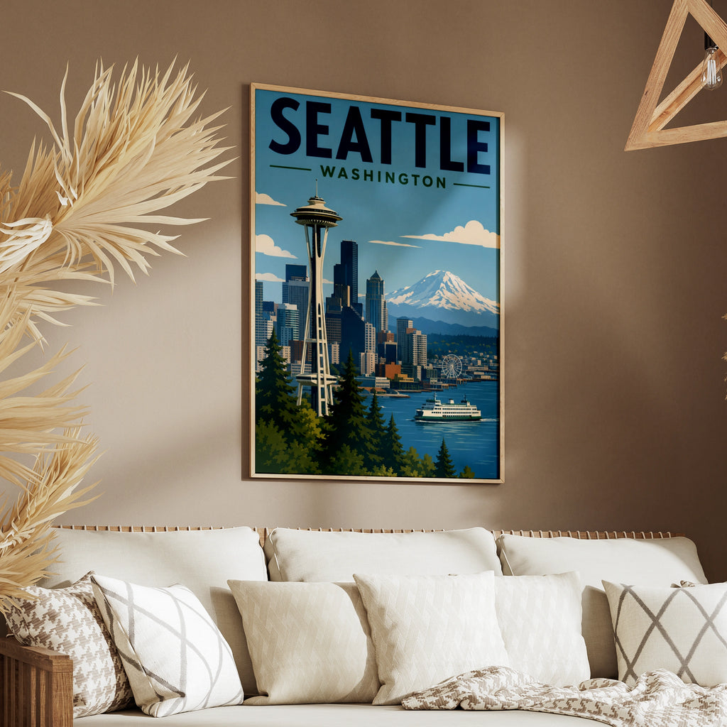 Seattle Washington Poster, Space Needle Retro Travel Print, Pacific Northwest Wall Art