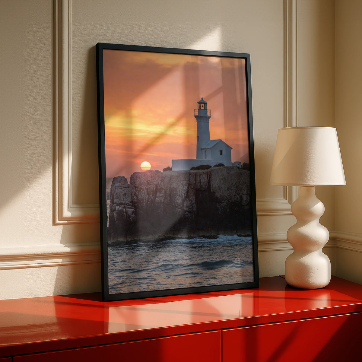 Lighthouse Sunset Poster, Coastal Rocky Cliff Wall Art, Ocean Photography Print