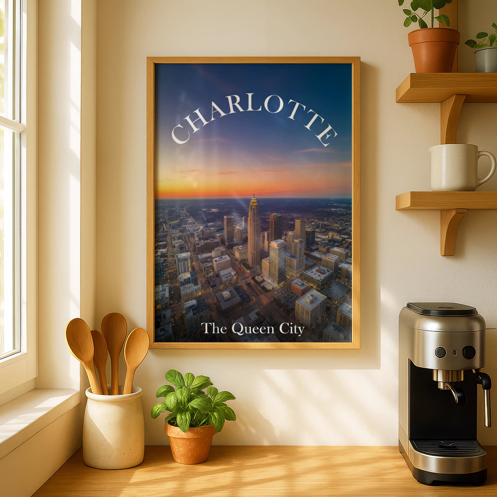 Charlotte North Carolina Skyline Poster, Queen City Aerial Sunset Wall Art Print