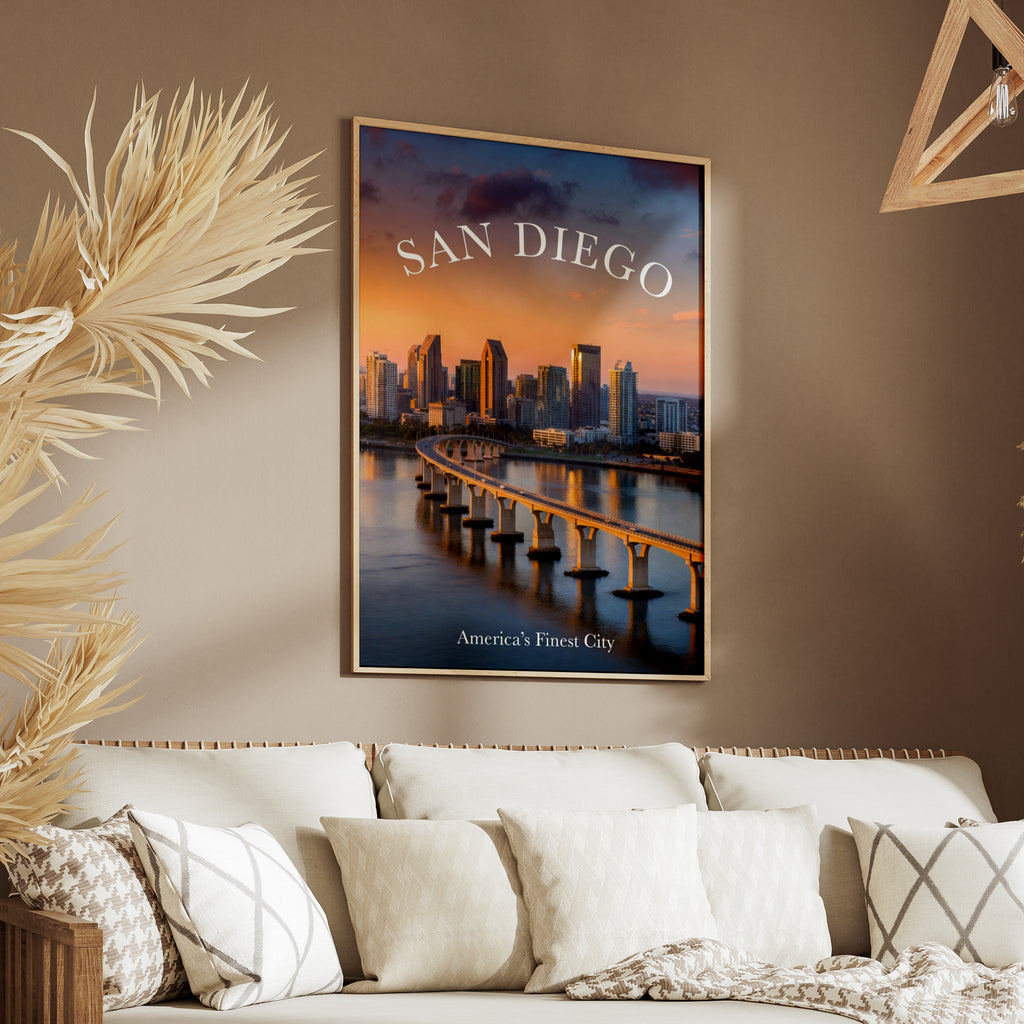 San Diego Skyline Poster, California City Wall Art, Sunset Bay Bridge Print, Travel Decor
