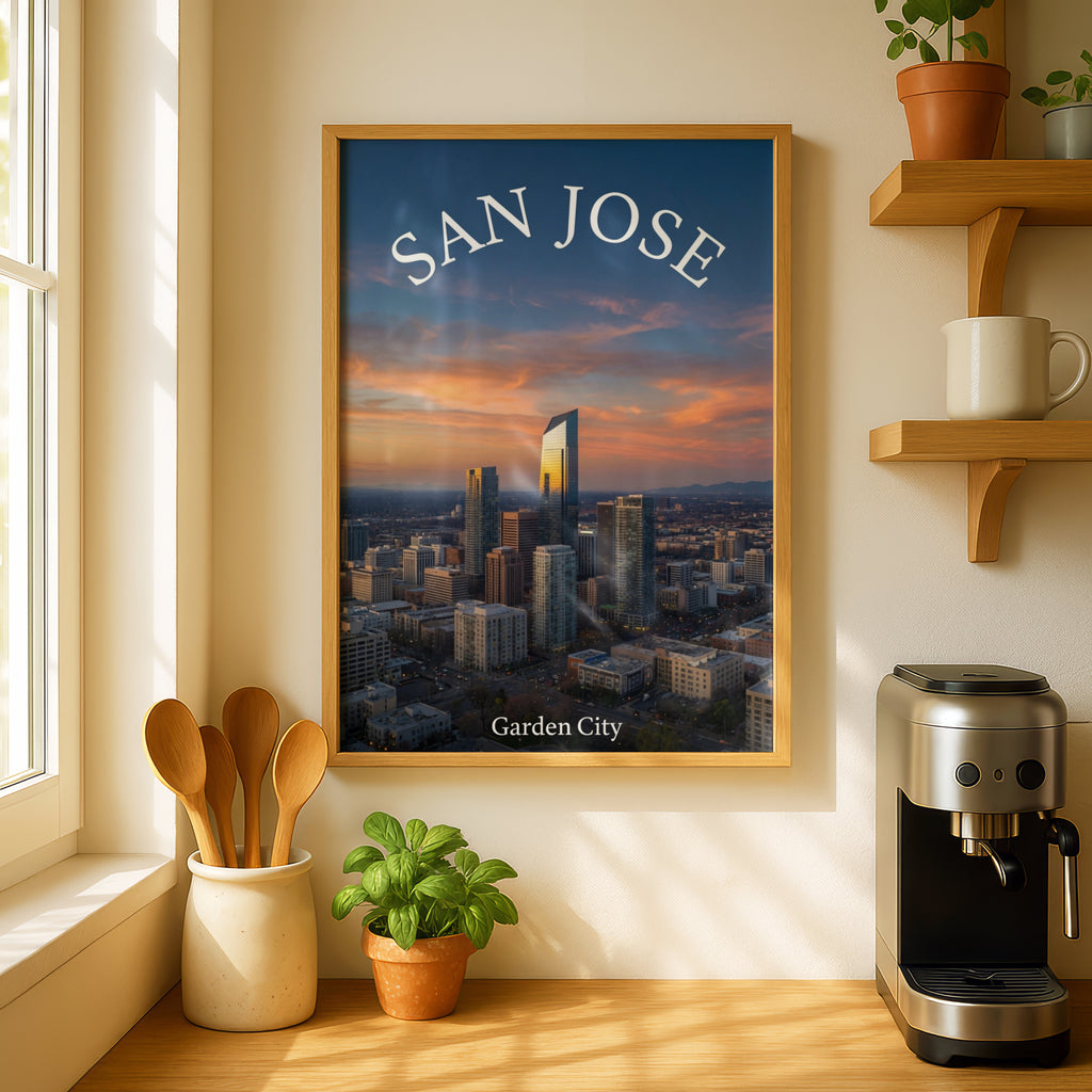San Jose California Skyline Poster, Garden City Sunset Wall Art, Silicon Valley Print