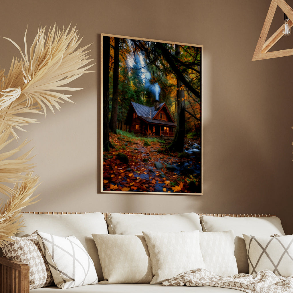 Cozy Log Cabin Autumn Forest Poster, Peaceful Woodland Retreat Wall Art Print