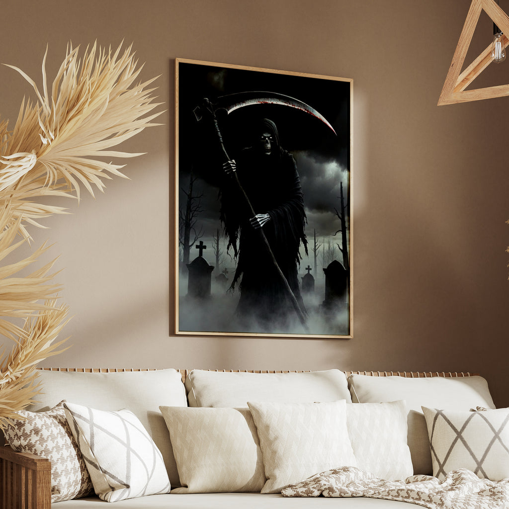 Grim Reaper Poster, Dark Gothic Wall Art, Skull Scythe Graveyard Print, Halloween Horror Decor