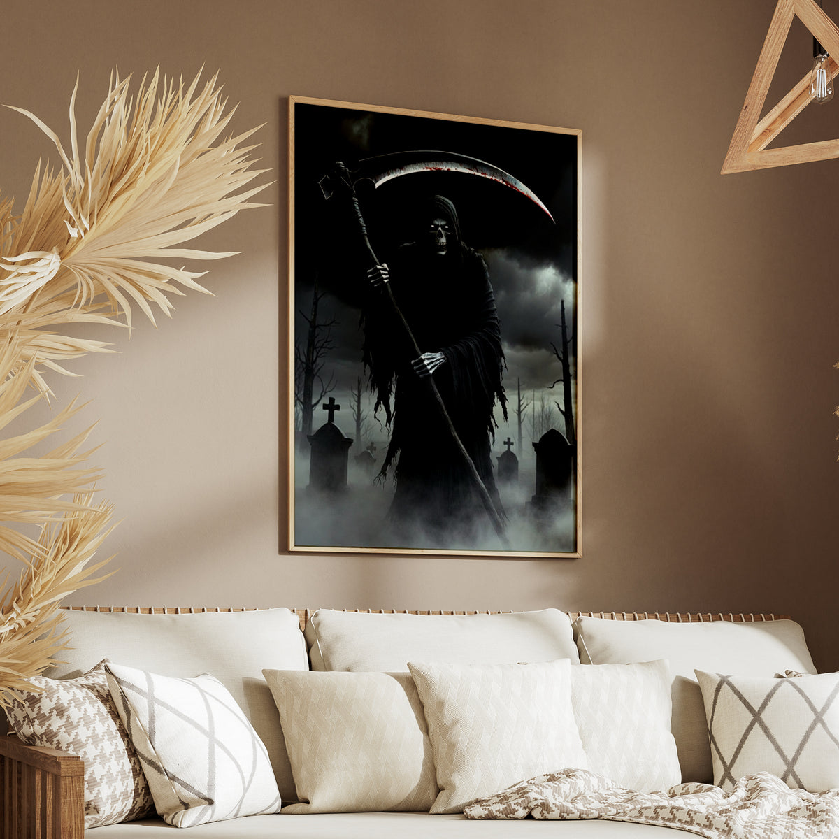 Grim Reaper Poster, Dark Gothic Wall Art, Skull Scythe Graveyard Print, Halloween Horror Decor