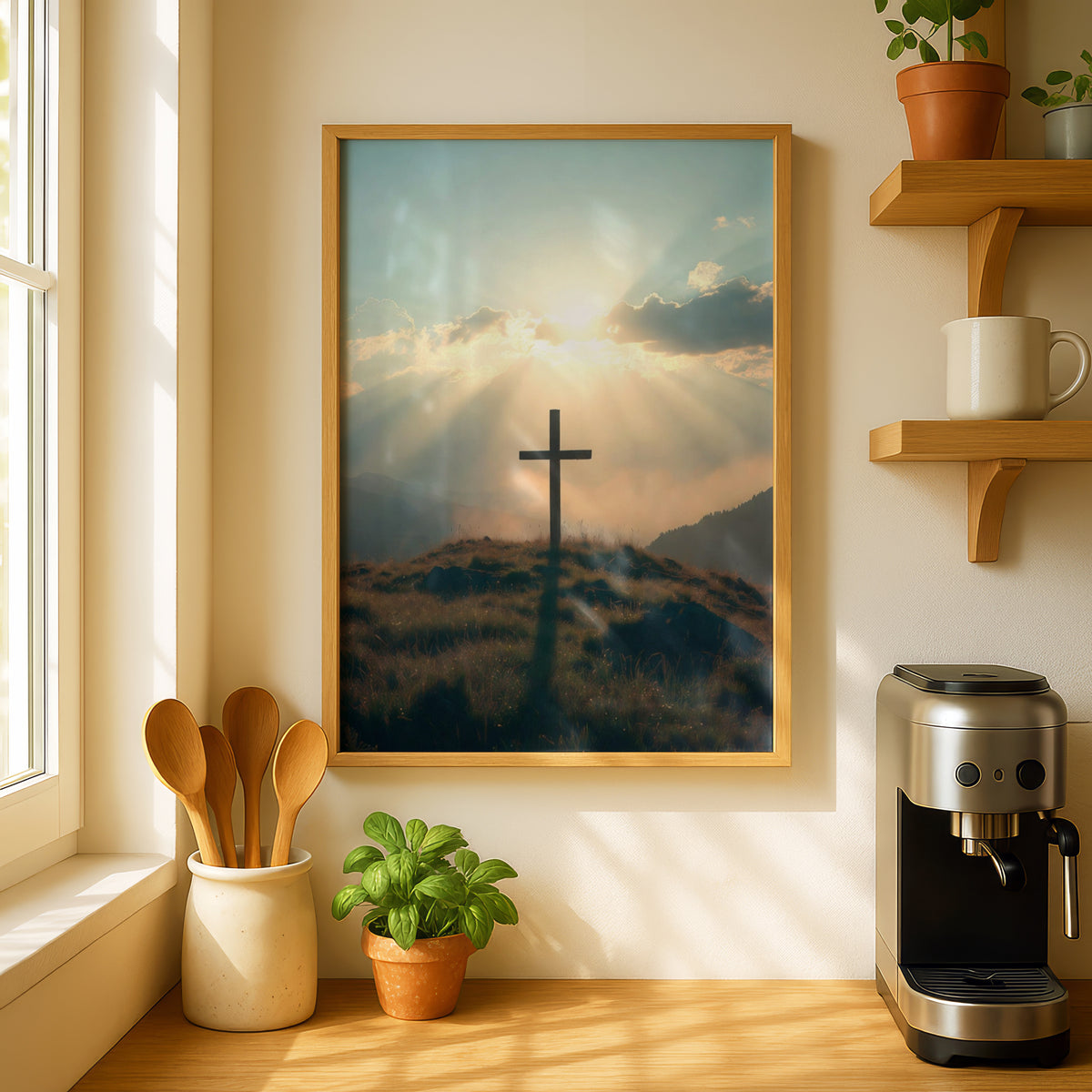 Cross on Hill Sunrise Poster, Christian Wall Art, Faith Sun Rays Mountain Print