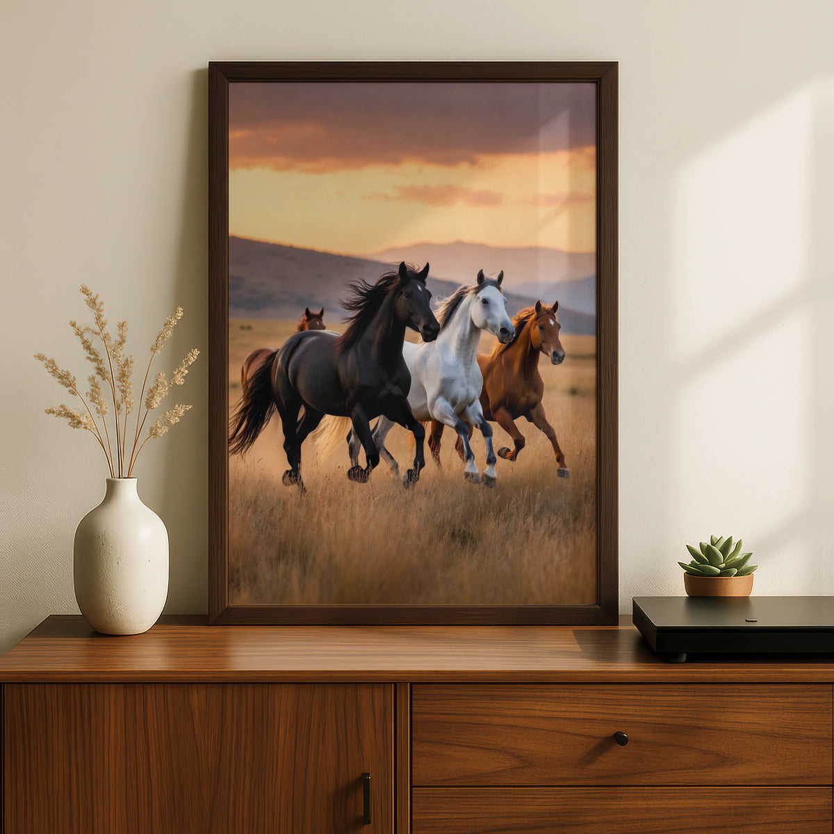 Wild Horses Running at Sunset Poster, Black White Chestnut Herd Wall Art Print