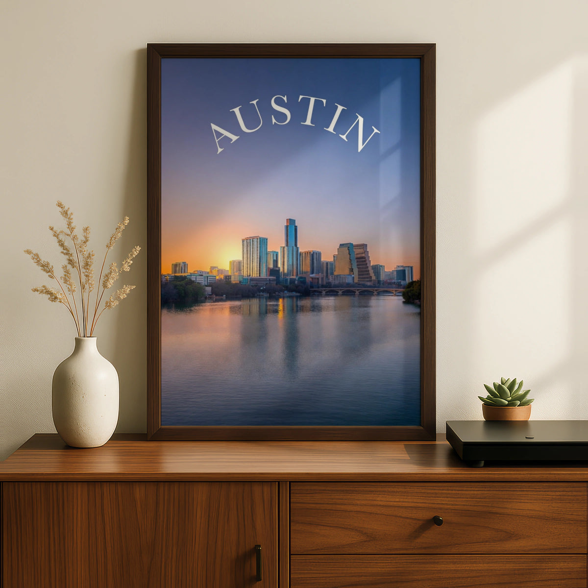 Austin Texas Skyline Poster, City Wall Art, Sunset Lake Reflection Print, Texas Gift
