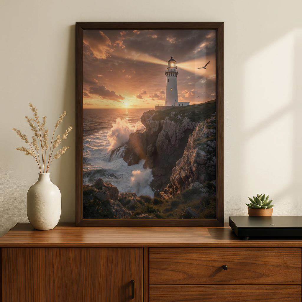 Lighthouse Sunset Poster, Coastal Wall Art, Rocky Cliff Ocean Print, Dramatic Seascape Decor