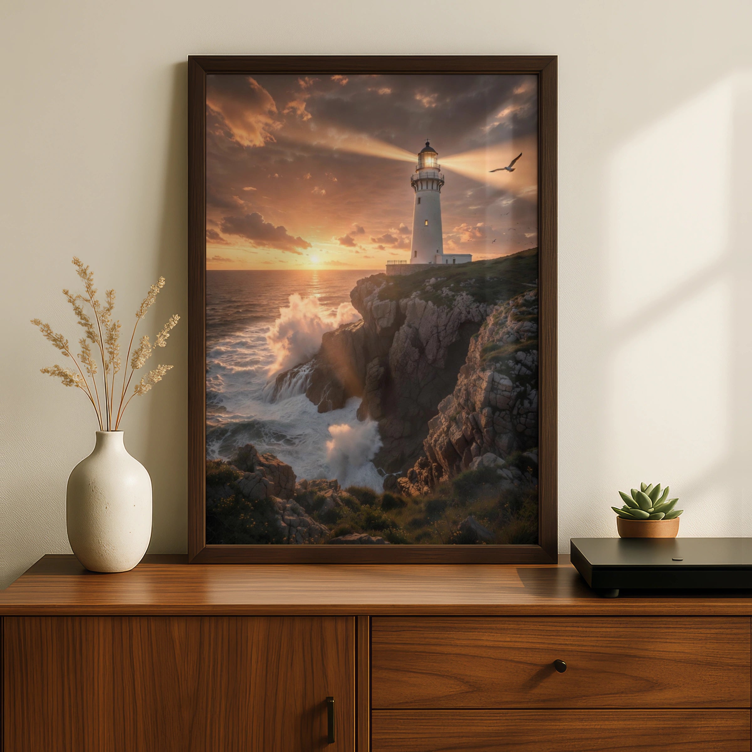 Lighthouse Sunset Poster, Coastal Wall Art, Rocky Cliff Ocean Print, Dramatic Seascape Decor