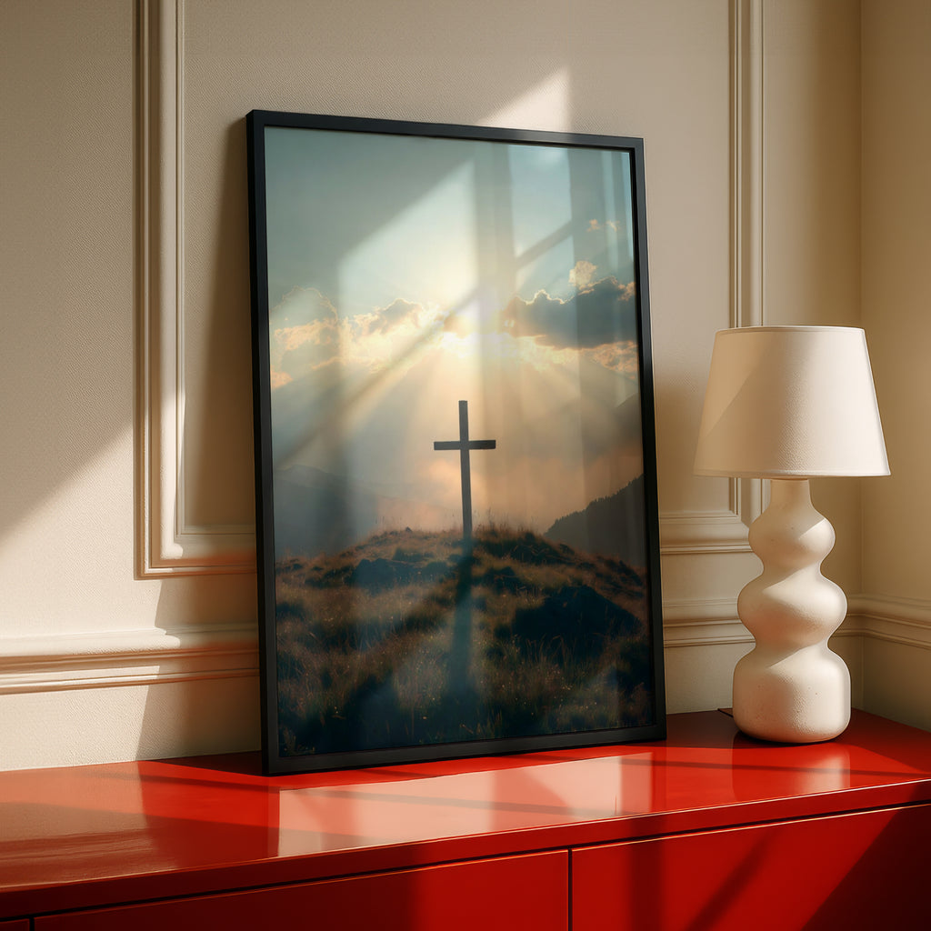Cross on Hill Sunrise Poster, Christian Wall Art, Faith Sun Rays Mountain Print
