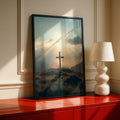 Cross on Hill Sunrise Poster, Christian Wall Art, Faith Sun Rays Mountain Print
