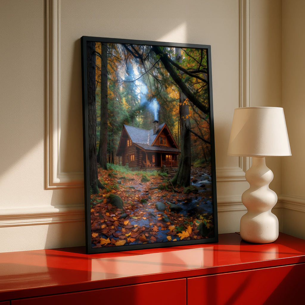 Cozy Log Cabin Autumn Forest Poster, Peaceful Woodland Retreat Wall Art Print