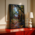 Cozy Log Cabin Autumn Forest Poster, Peaceful Woodland Retreat Wall Art Print
