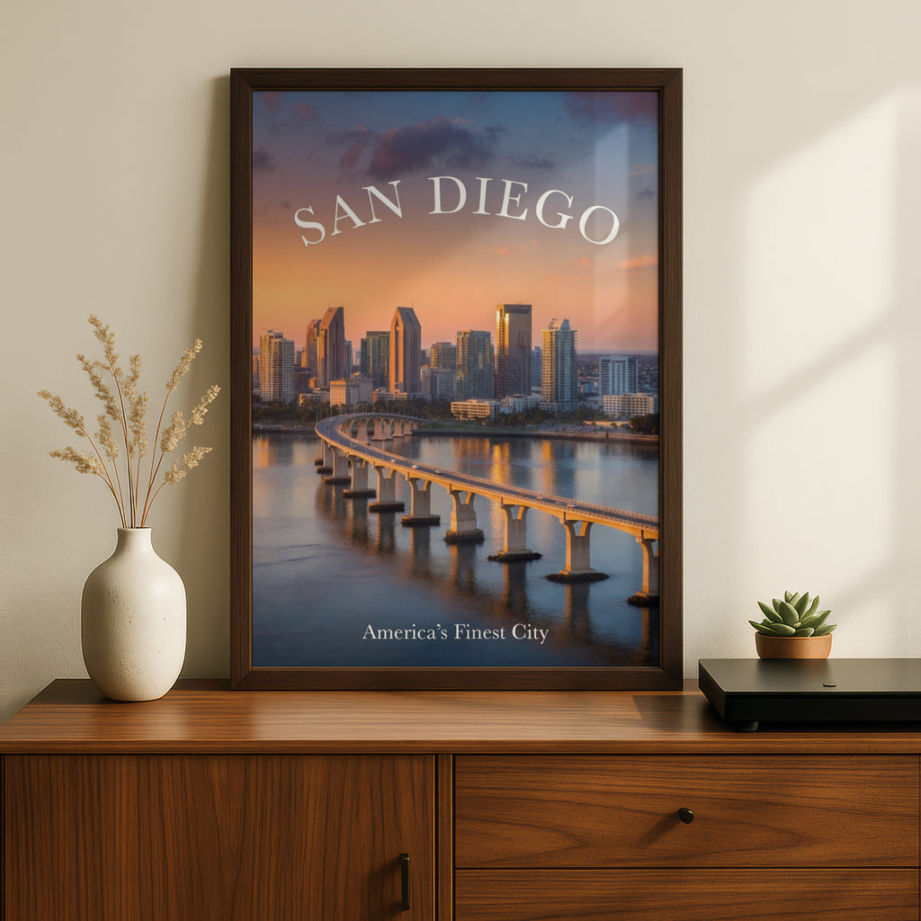 San Diego Skyline Poster, California City Wall Art, Sunset Bay Bridge Print, Travel Decor