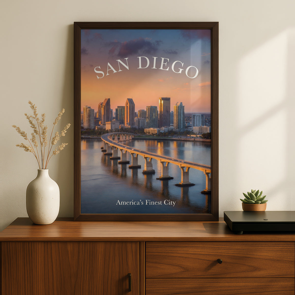 San Diego Skyline Poster, California City Wall Art, Sunset Bay Bridge Print, Travel Decor