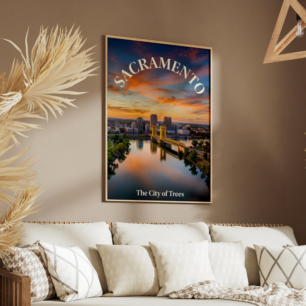 Sacramento Poster, City of Trees California Wall Art, Tower Bridge Sunset Skyline Print