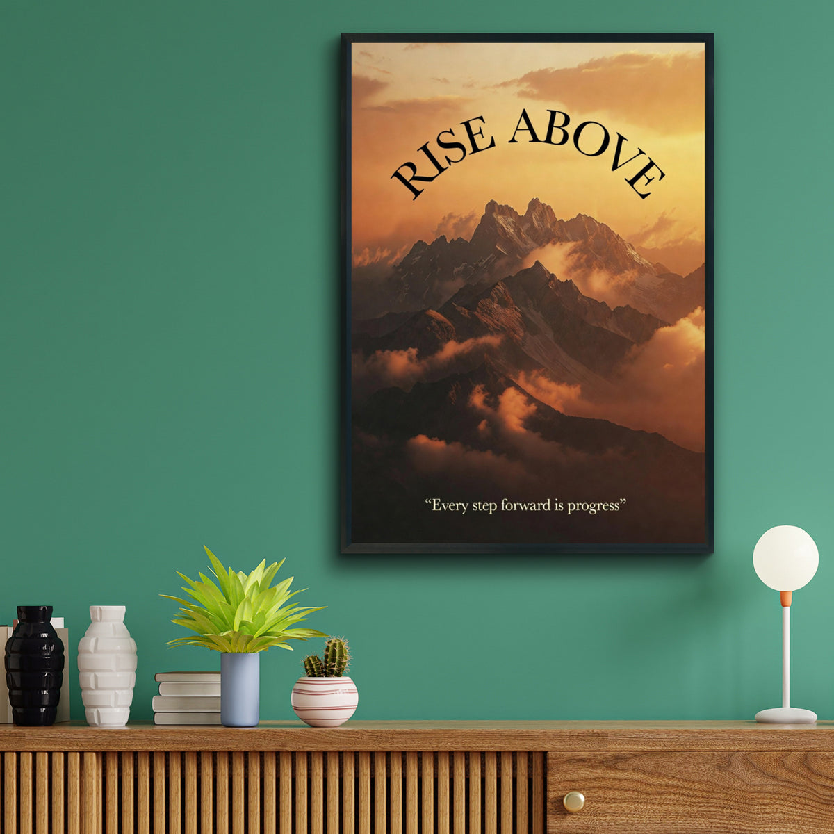 Rise Above Motivational Mountain Poster, Sunset Quote Wall Art, Inspirational Print for Home or