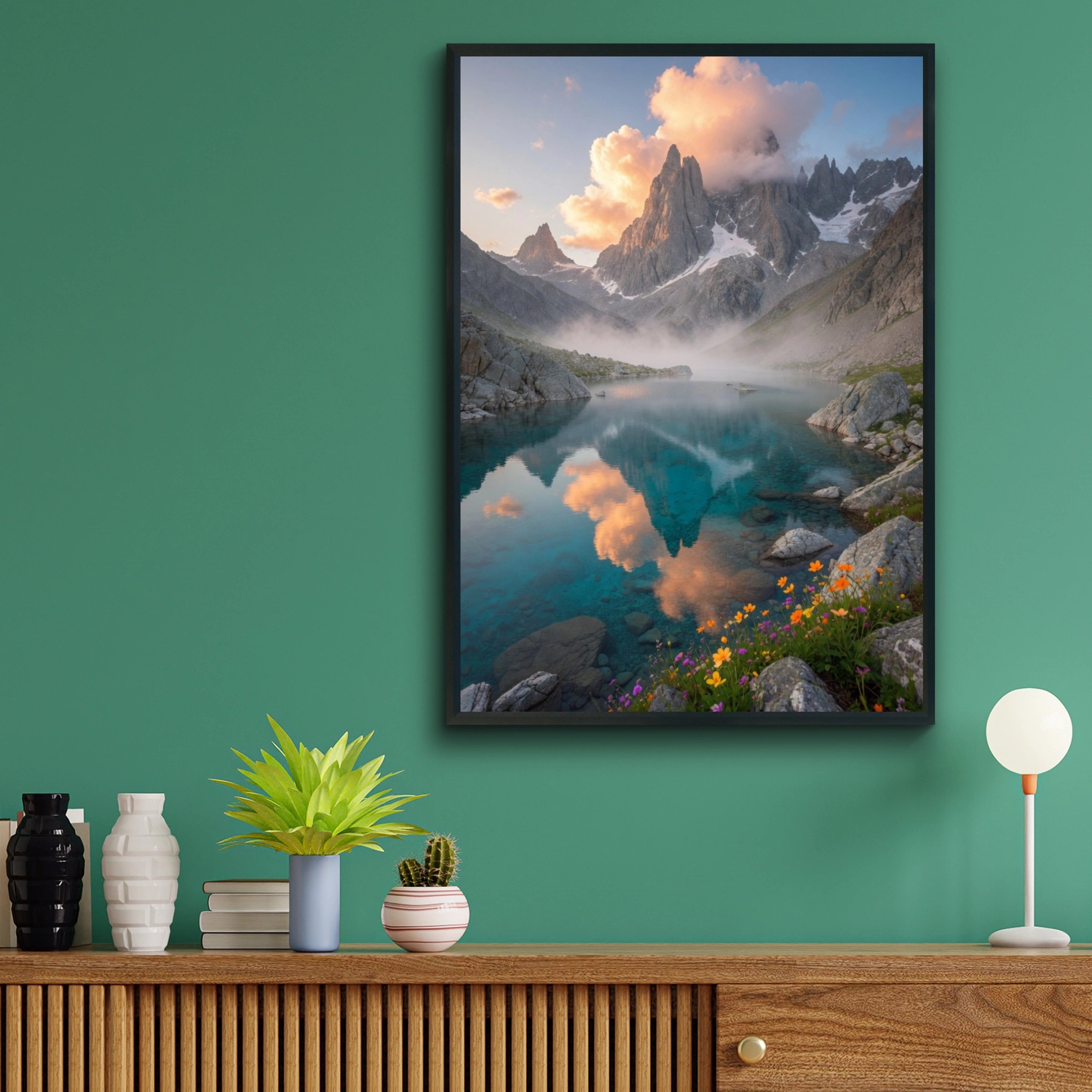 Mountain Lake Poster, Alpine Wildflower Wall Art, Teal Lake Landscape Print, Nature Decor