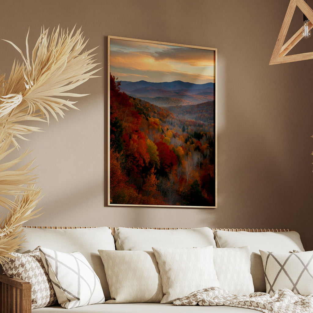 Fall Colors Mountain Forest Poster, Autumn Landscape Wall Art, Red Orange Foliage Print