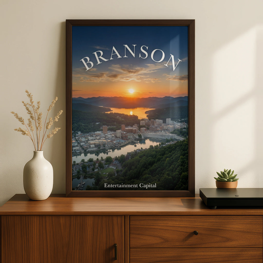 Branson Missouri Poster, Entertainment Capital Sunset Aerial View, Ozarks Wall Art Print