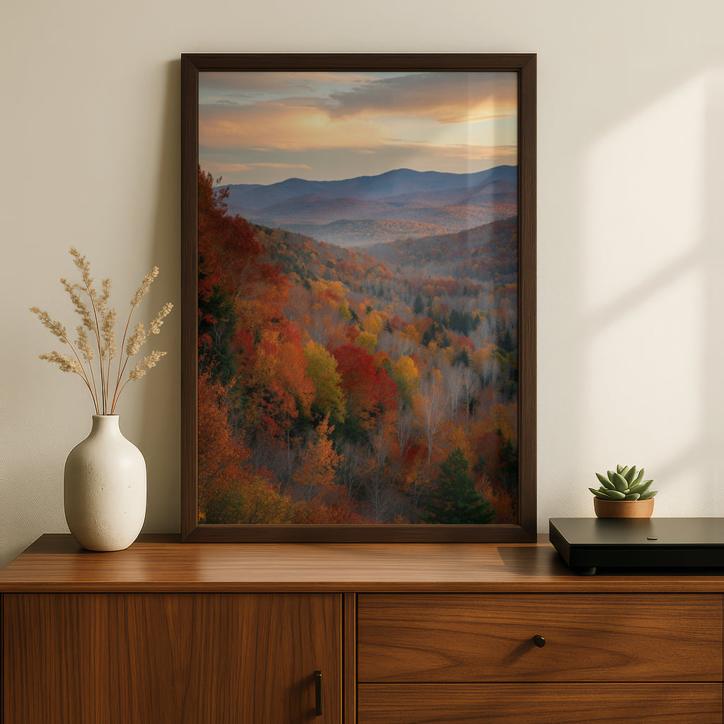Fall Colors Mountain Forest Poster, Autumn Landscape Wall Art, Red Orange Foliage Print