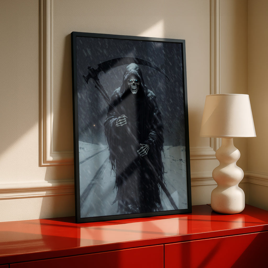Grim Reaper Winter Snowstorm Poster, Dark Fantasy Wall Art, Skull Scythe Gothic Print