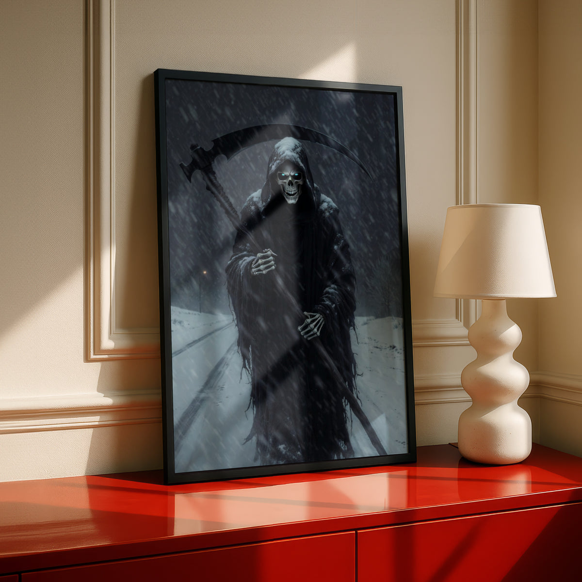 Grim Reaper Winter Snowstorm Poster, Dark Fantasy Wall Art, Skull Scythe Gothic Print