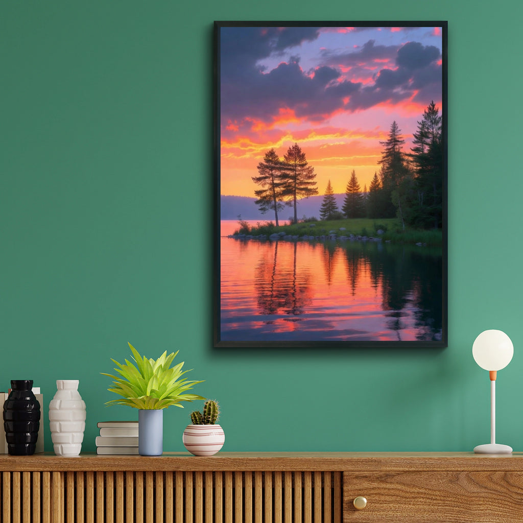 Sunrise Lake Forest Poster, Pine Tree Reflection Wall Art, Orange Sky Nature Print