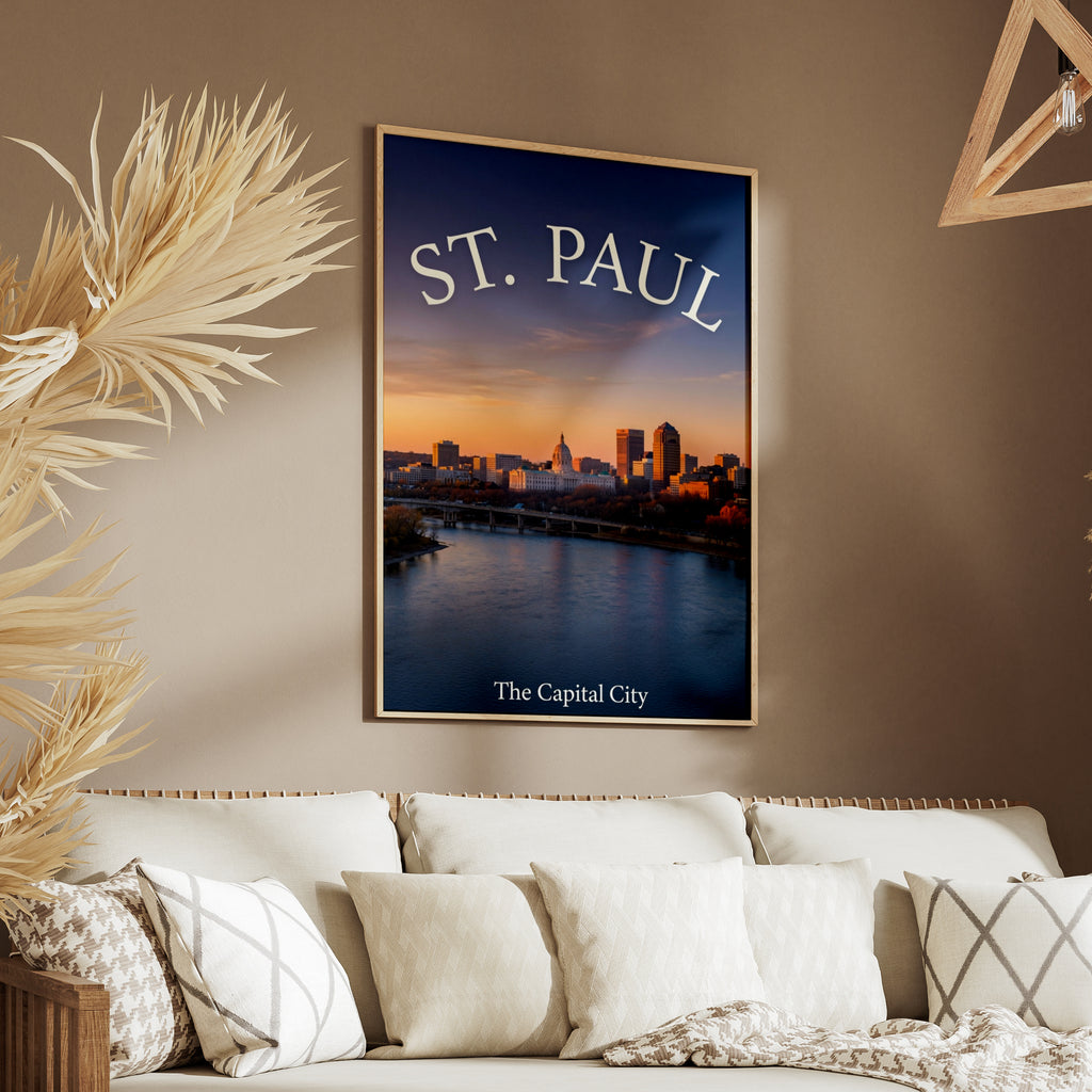 St. Paul Minnesota Skyline Poster, Capitol Building Mississippi River Sunset Wall Art Print