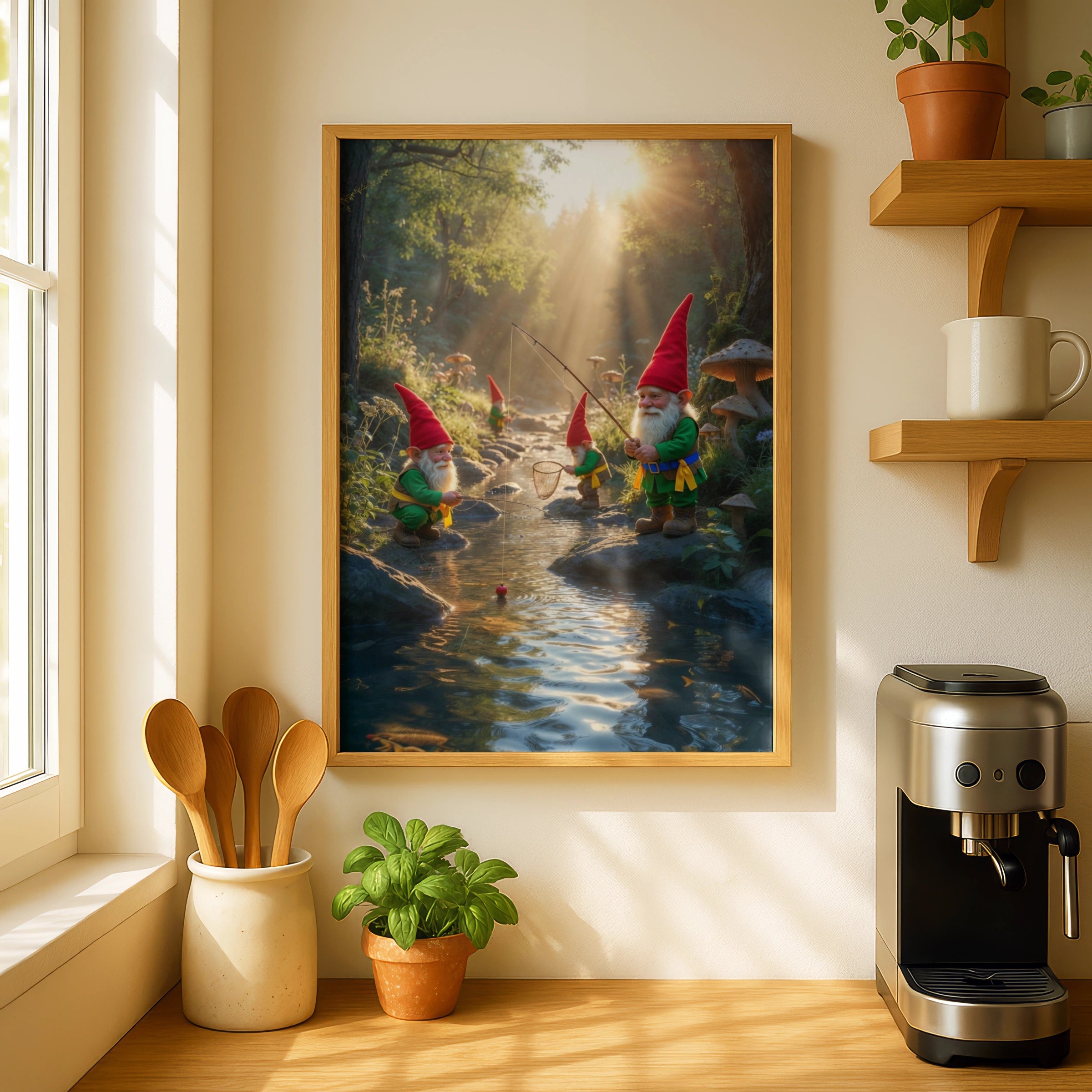 Gnomes Fishing in Enchanted Forest Poster, Whimsical Mushroom Wall Art, Fairy Tale Print
