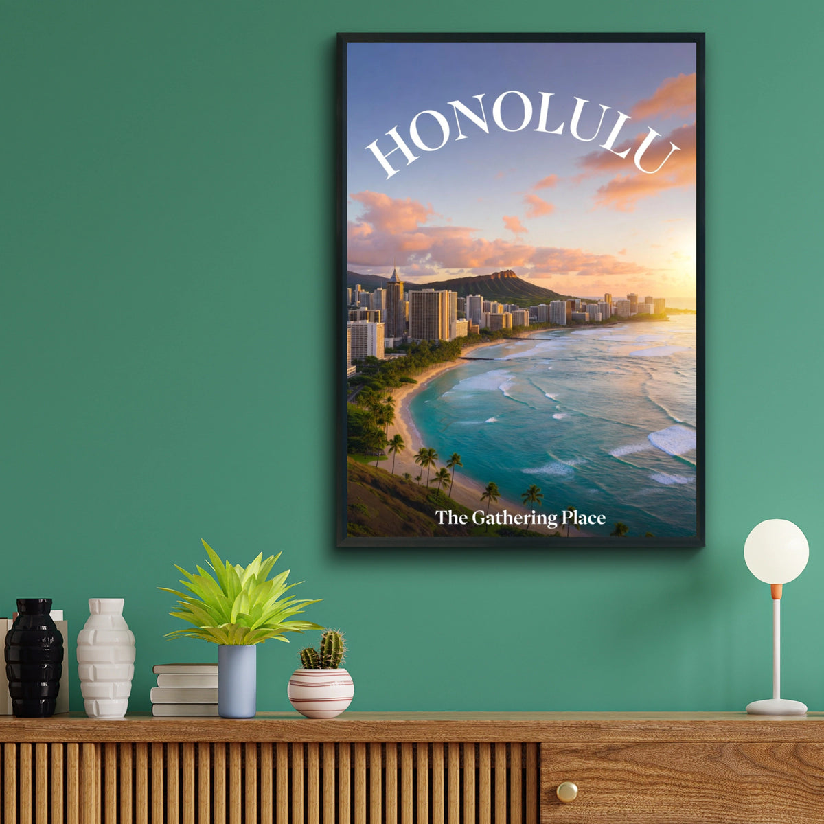 Honolulu Hawaii Travel Poster, Waikiki Beach Wall Art, Diamond Head Sunset Print