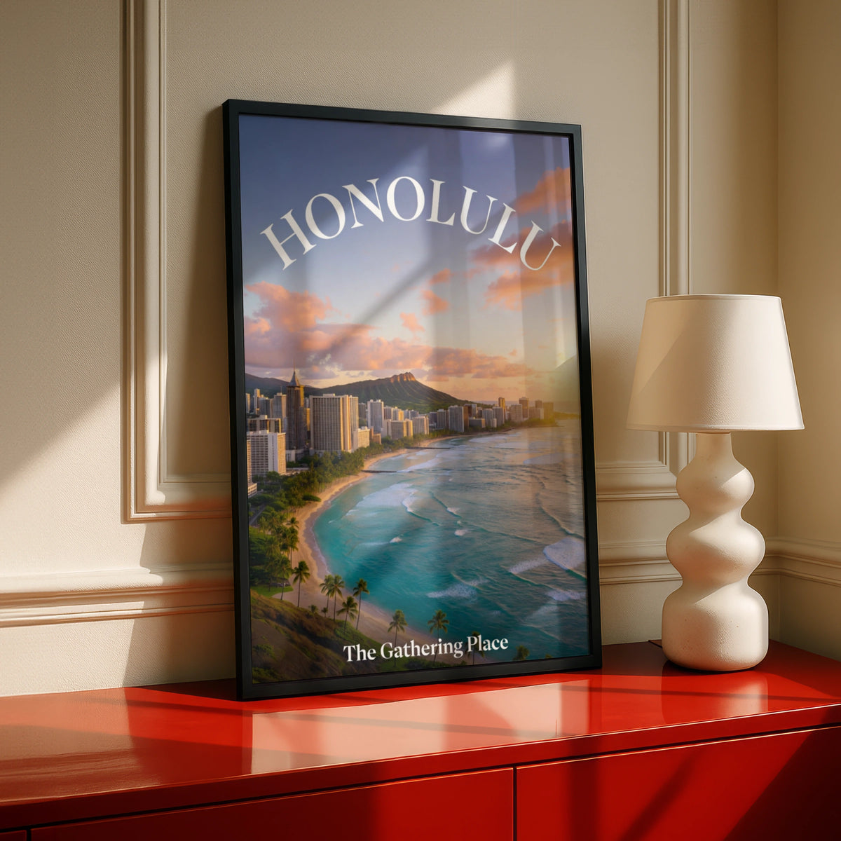 Honolulu Hawaii Travel Poster, Waikiki Beach Wall Art, Diamond Head Sunset Print
