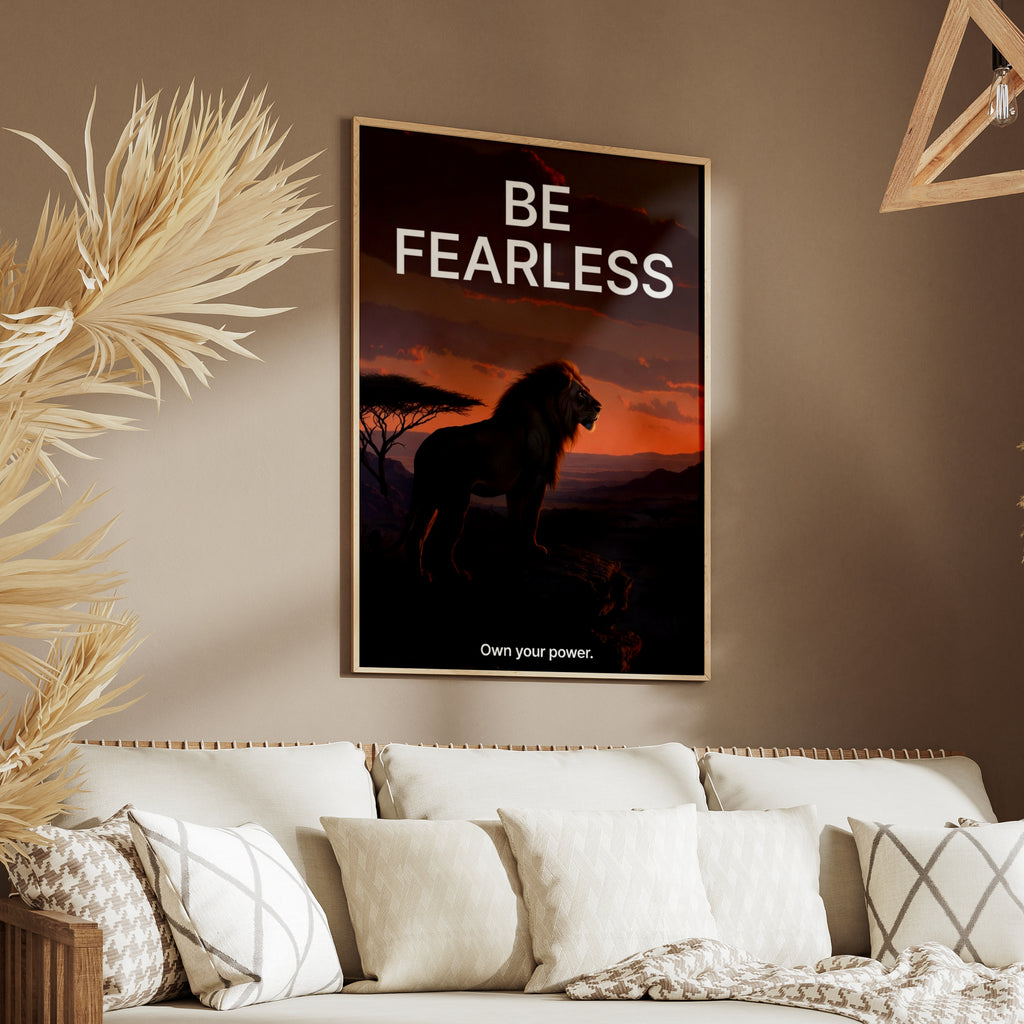 Be Fearless Lion Motivational Poster, Inspirational Wall Art, Safari Sunset Print