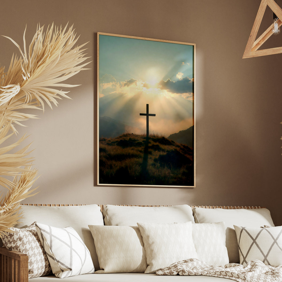 Cross on Hill Sunrise Poster, Christian Wall Art, Faith Sun Rays Mountain Print