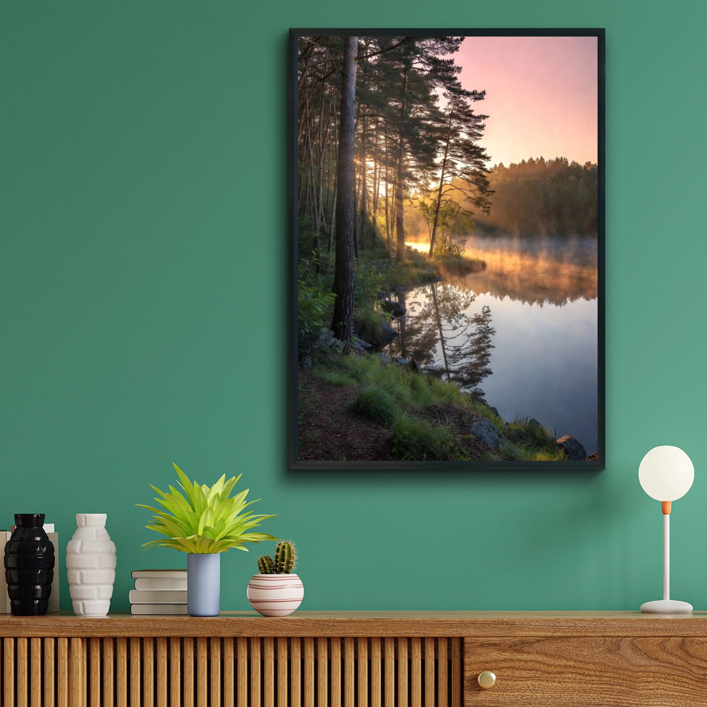 Lake Sunrise Forest Poster, Misty Pine Trees Wall Art, Nature Photography Print