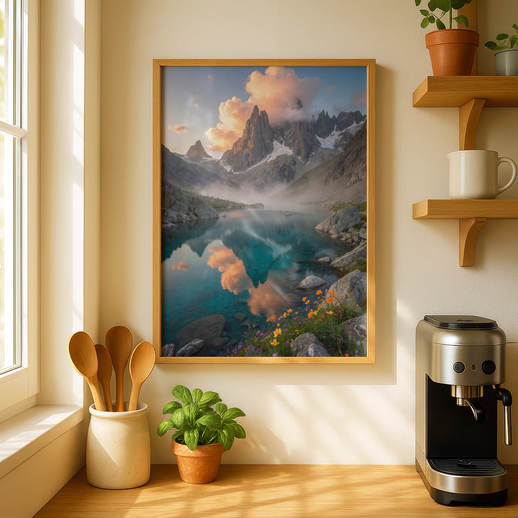 Mountain Lake Poster, Alpine Wildflower Wall Art, Teal Lake Landscape Print, Nature Decor