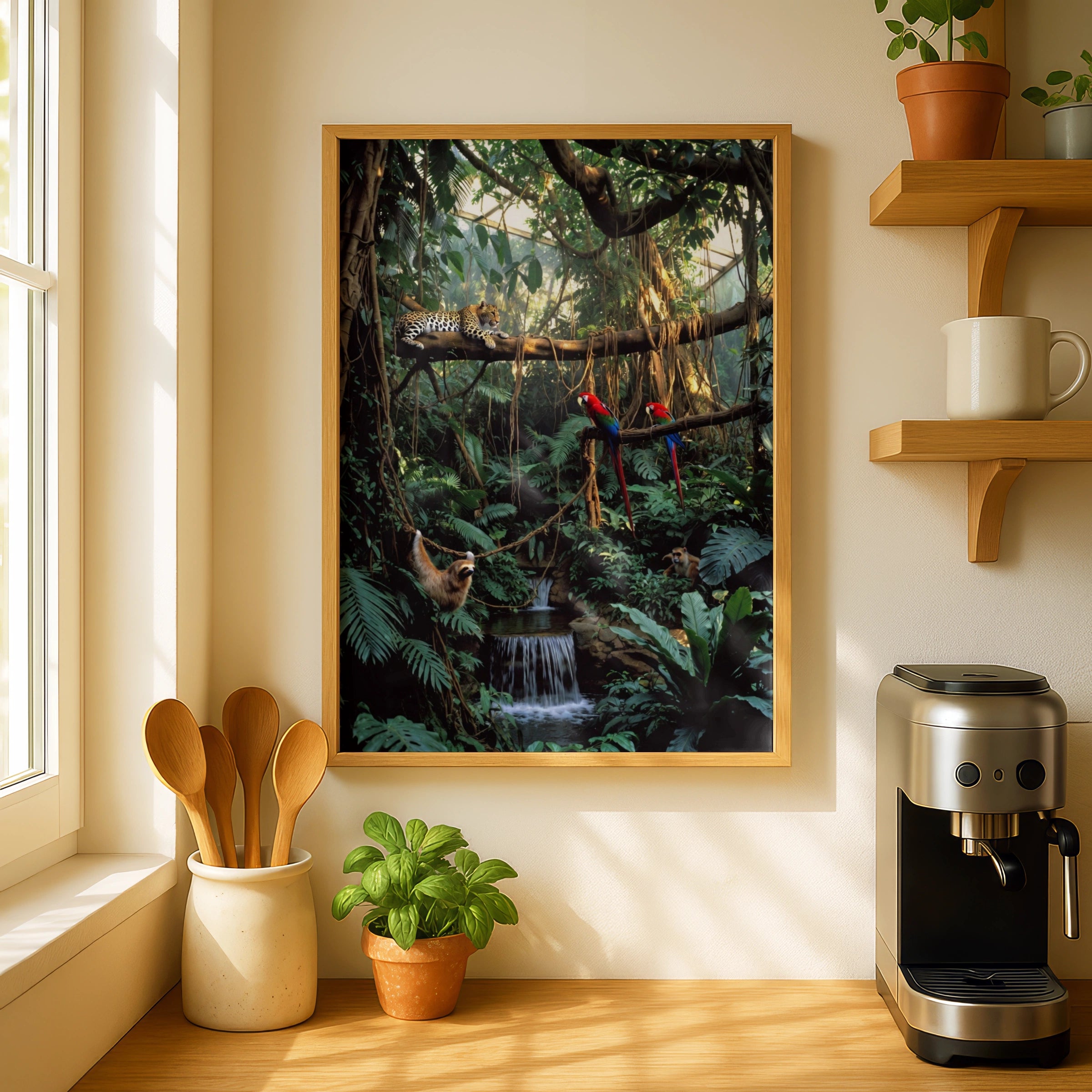 Tropical Jungle Wildlife Poster, Leopard Macaw Sloth Rainforest Wall Art Print