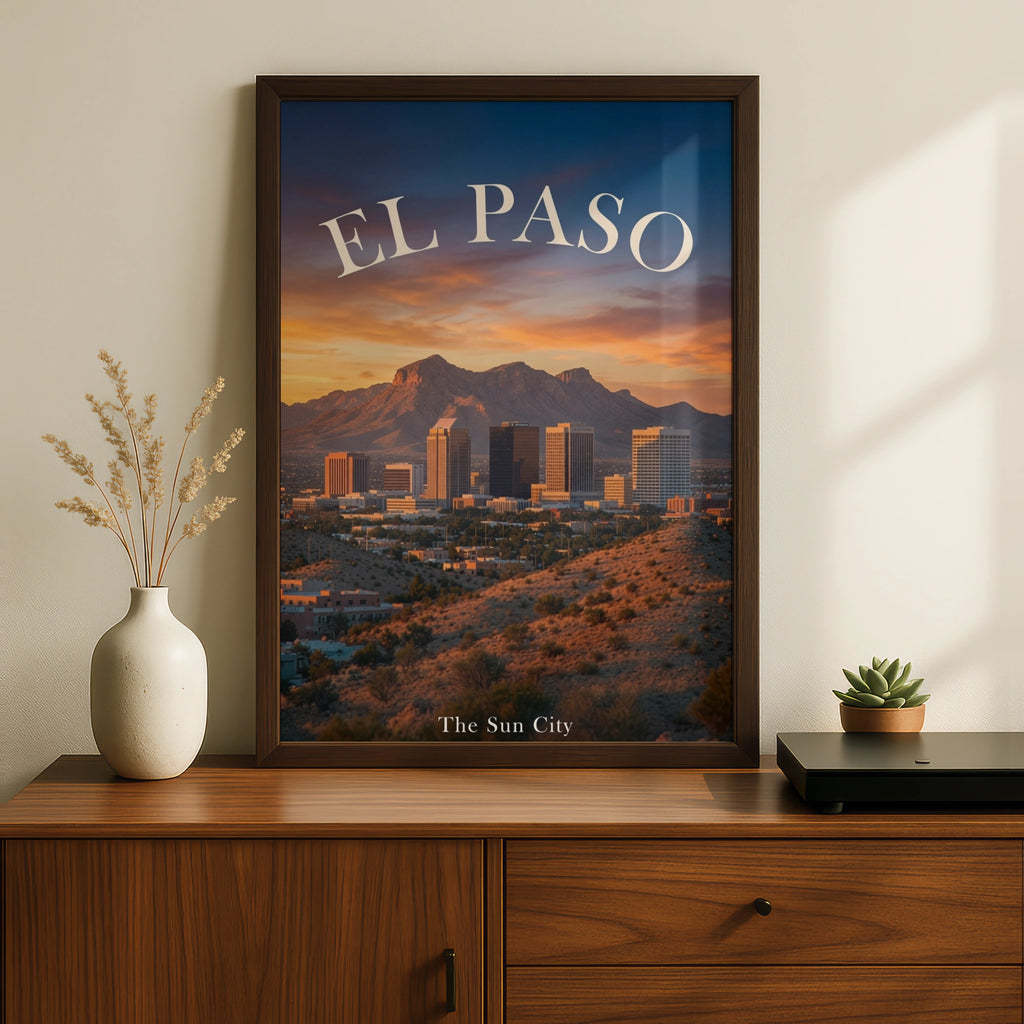El Paso Texas Poster, Sun City Skyline Wall Art, Desert Sunset Mountain Print